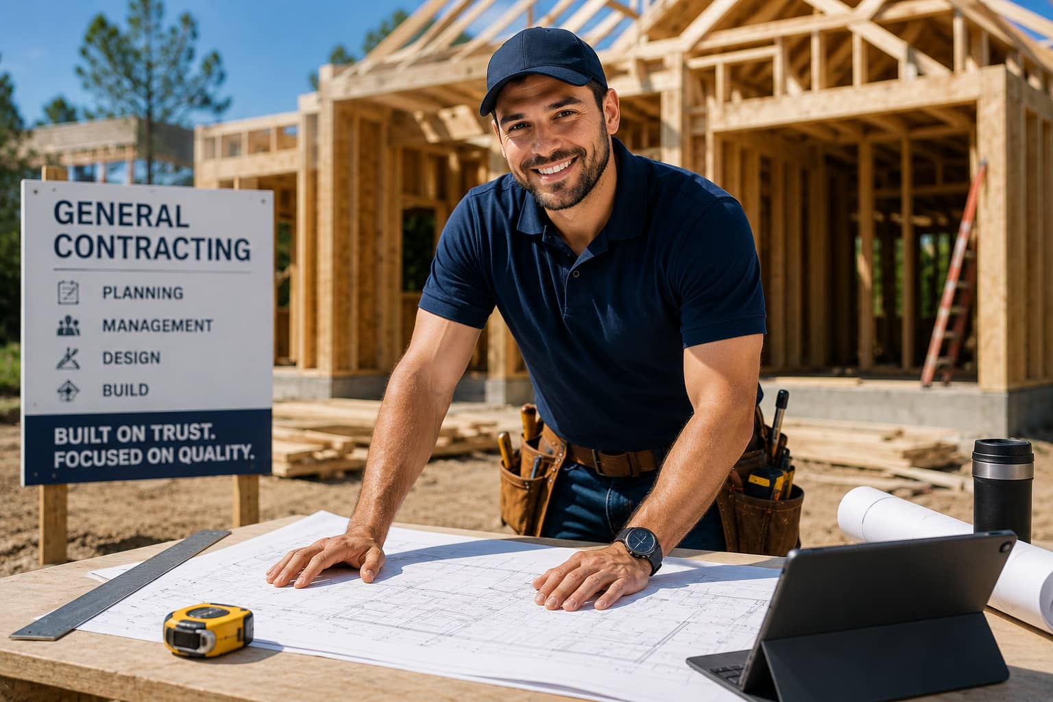Licensed general contractor reviewing blueprints at construction site — Phoenix Growth Collective contractor marketing